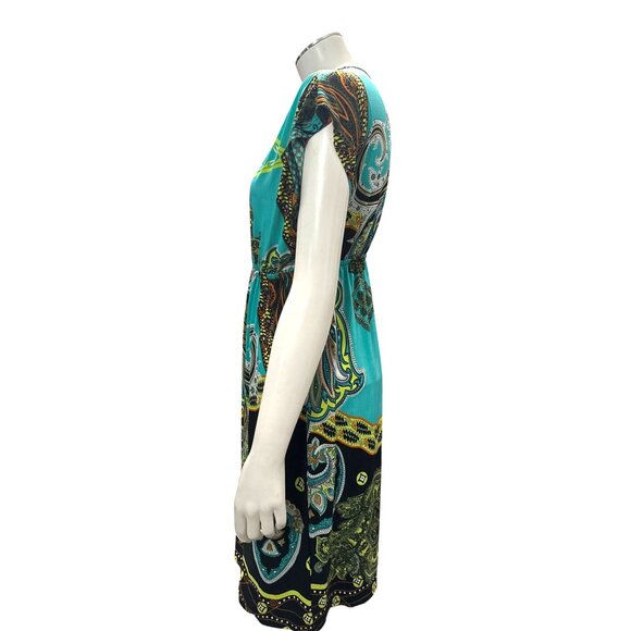 5th Love Large Turquoise Lime Green Black Printed Boho Dress Summer Vacation - Picture 3 of 13
